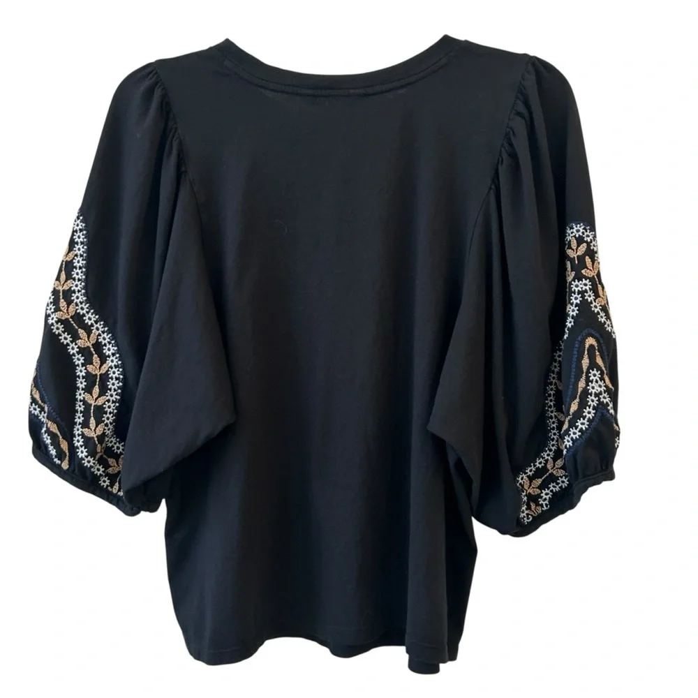 Banana Republic Black Blouse with Embroidered Puff Sleeves